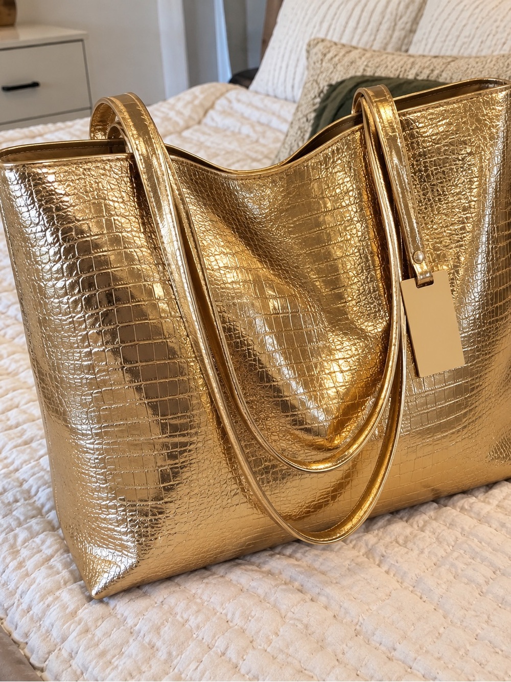Gold Croc-Embossed Tote Bag - Sleek Metallic Shoulder Bag